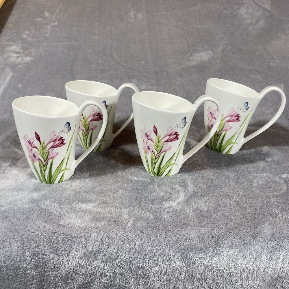 Set 4 SOLECASA Coffee Cups Mug‎ Designer Ceramic Pink Lilly Butterfly Porcelain